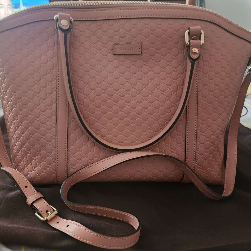 GUCCI - AUTHENTIC PINK LEATHER MICRO GUCCISIMA TOTE - Picture 4 of 12